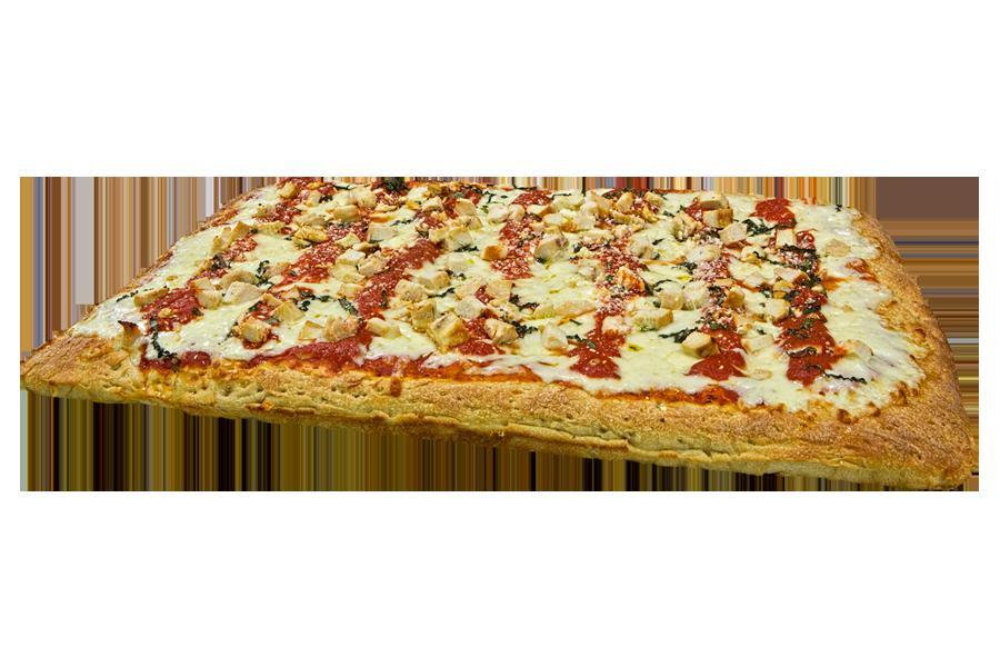 Sicilian Chicken Parmigana Pizza · 32 Slices. Fresh dough, tomato sauce, fresh mozzarella cheese, pecorino Romano cheese, chicken breast and spices. Rectangular 1