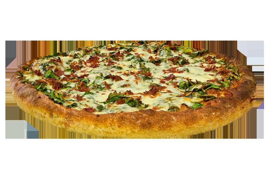Stuffed, Spinach Bacon and Garlic Pizza · 8 Slices. Fresh spinach, fresh whole garlic, bacon, mozzarella cheese and pecorino cheese.