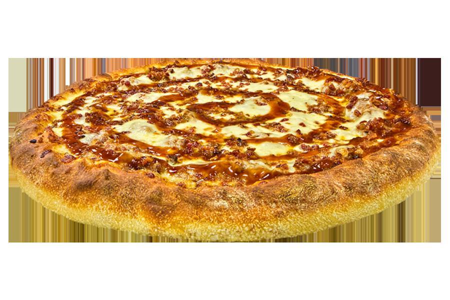 Stuffed BBQ Chicken Pulled Pork and Bacon Pizza · Double layer of fresh dough, oven roasted chicken, pulled pork covered with our homemade BBQ sauce, bacon, mozzarella and pecorino Romano cheese.