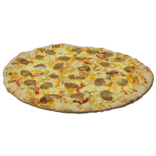 Breakfast Pizza with Eggs, Sausage, Peppers and Onions · 8 slices. Fresh dough, farm fresh eggs, with sausage, peppers, onions with cheddar and American cheese. 