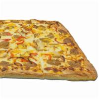 Sheet Sicilian Breakfast Pizza with Eggs, Sausage, Peppers and Onions · 32 slices. Fresh dough, farm fresh eggs, with sausage, peppers, onions with cheddar and Amer...