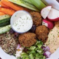Garden Bowl · Tahini and dill quinoa served with choice of meat or falafel, hummus, tzatziki, Berlin slaw,...