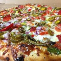 Veggie Lovers Pizza · Pizza sauce, baby spinach, green peppers, red onions, tomatoes , mushrooms, mild peppers and...