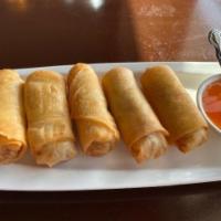 Spring Rolls (Homemade) · Chopped vegetables and clear noodles with shredded black mushrooms wrapped in spring roll pa...