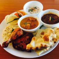 Non Vegetarian Platter · Meat platter ,two kind meat,ChickenTikka masala,chicken curry,naan,rice,salad,desart,and tan...