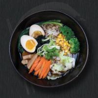 Veggie Shio Ramen · Salt-flavored soup made with seaweed broth, cabbage, bamboo shoots, broccoli, bean sprouts, ...