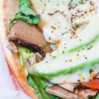 #8 THE GREYHOUND · Sliced avocado, fresh spinach, mushrooms, and tomato with melted mozzarella cheese on a warm...