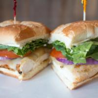 Grilled Chicken Sandwich · Chicken breast, lettuce, tomato, onion, Swiss and mayo on ciabatta. Served with choice of si...