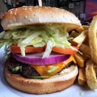 1/2 lb. Tinhorn Cheeseburger · Huge premium Angus beef with lettuce, tomato, onion and mayo. Served with choice of side.