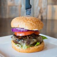 1/2 lb. Mushroom Swiss Burger · Huge premium Angus beef with mushrooms, Swiss cheese, lettuce, tomato, onion and mayo. Serve...