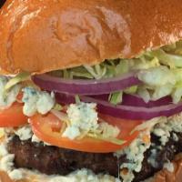 1/2 lb. Blue Cheeseburger · Huge 1/2 lb. premium Angus beef. Blue cheese, lettuce, tomato, onion and mayo. Served with c...