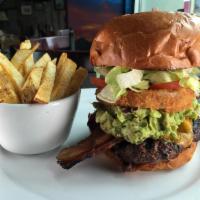 1/2 lb. Guacamole Burger · Huge premium Angus beef bacon, lettuce, tomato, onion, cheddar and mayo. Served with choice ...