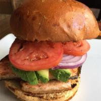Blackened Salmon Burger · Tartar sauce, pickles and red onion. Served with choice of side.