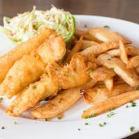 Fish 'n' Chips · Beer-battered cod served on a bed of steak fries, malt vinegar and tartar sauce.