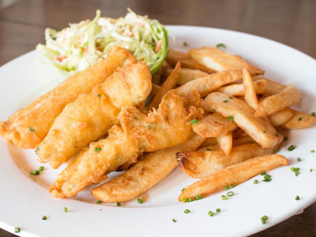 Fish 'n' Chips · Beer-battered cod served on a bed of steak fries, malt vinegar and tartar sauce.