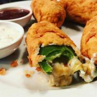 Stuffed Jalapeno Peppers · Stuffed with chicken, mixed cheese, breaded and fried, served with BBQ ranch dip.