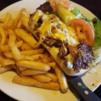 Affy's Steak Sandwich · New York strip usda choice steak topped with onion, mushroom and cheese served with lettuce ...
