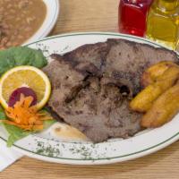28. Carne Asada · Grilled steak, salad, beans, rice and sweet plantain.