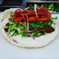 Falafel Sandwich · Chickpeas and herbs, fried. Vegan. PLEASE PICK YOUR TOPPINGS!!