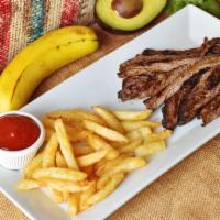 Kids Bistec con Papa Frita o arroz · Grilled steak with french fries.