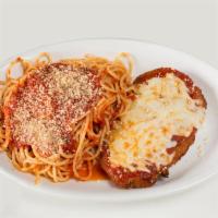 Chicken Parmigiana · Served with a side of spaghetti and marinara sauce.