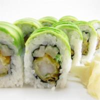 Dragon Roll Bento · Shrimp tempura, cucumber, scallions and spicy mayo, topped with avocado.