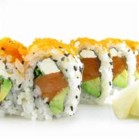 Philly Roll · Salmon, avocado, cream cheese and scallions, topped with masago.