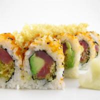 Tuna Crunch Roll · Tuna, avocado, flakes and spicy mayo, topped with masago and flakes.