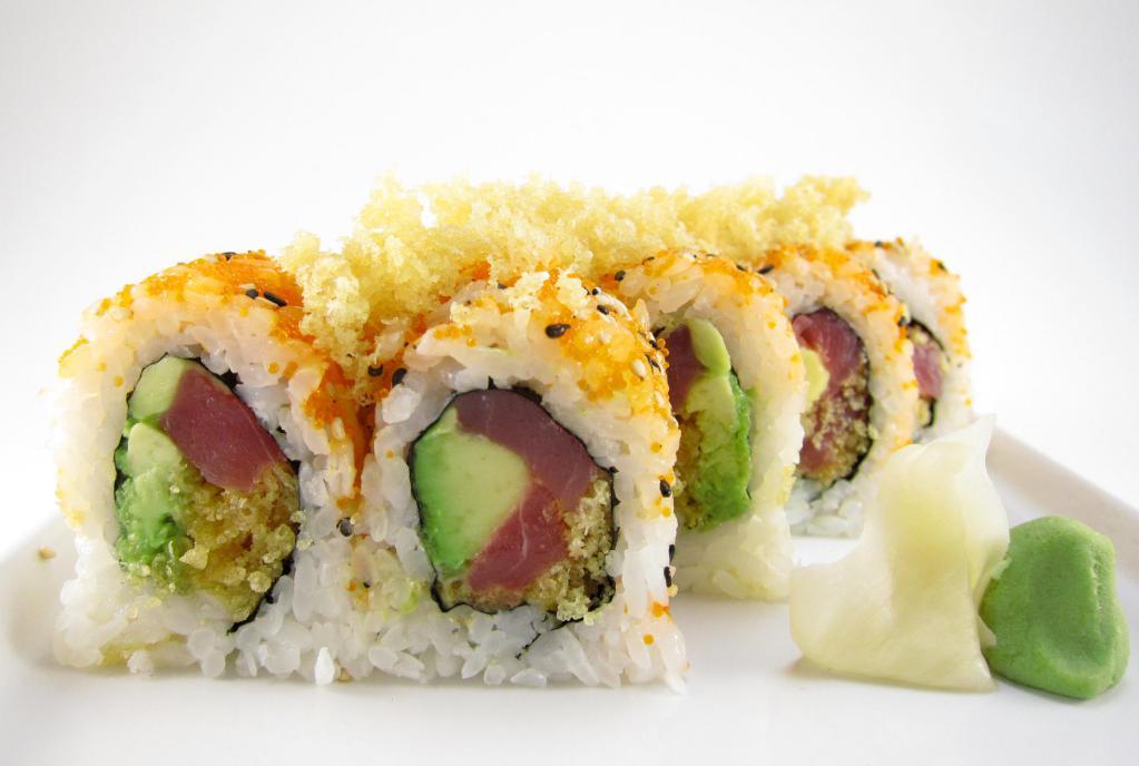 Tuna Crunchy Roll Bento · Tuna, avocado, flakes and spicy mayo, topped with masago and flakes.