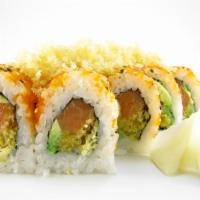 Salmon Crunch Roll · Salmon, avocado, flakes and spicy mayo, topped with masago.