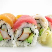 Rainbow Roll Bento · California roll topped with fish.