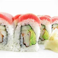 Tataki Mami Roll · California roll topped with tuna tataki.