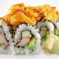 Volcano Roll Bento · California roll topped with seafood dynamite.
