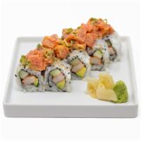 Geisha Roll · California roll topped with spicy tuna.