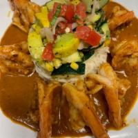 Camarones · Grilled shrimp skewers, smokie morita salsa, Mexican rice, fried cauliflower