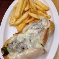 Philly Cheese Steak Sandwich · Served with mushrooms, green peppers and onions