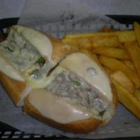Philly Cheese Steak Sandwich Combo · served with mushrooms, green peppers and onions