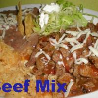 Beef Mix with Rice and Beans · Served with 3 corn tortillas or 1 flour tortilla.