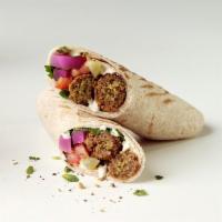 21. Falafel Wrap · A blend of garbanzo beans mixed with spices and served with hummus, lettuce, tomato and tahi...