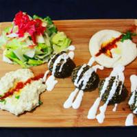 17. Falafel Plate · Served with hummus and baba ghanoush only. Deep fried garbanzo beans balls with salad. Serve...