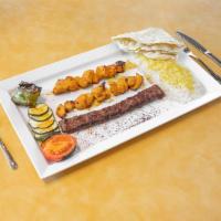 Chello Seh Combo · Your choice of 3 kabobs and 2 sides served with grilled veggies, Persian rice, and a piece o...
