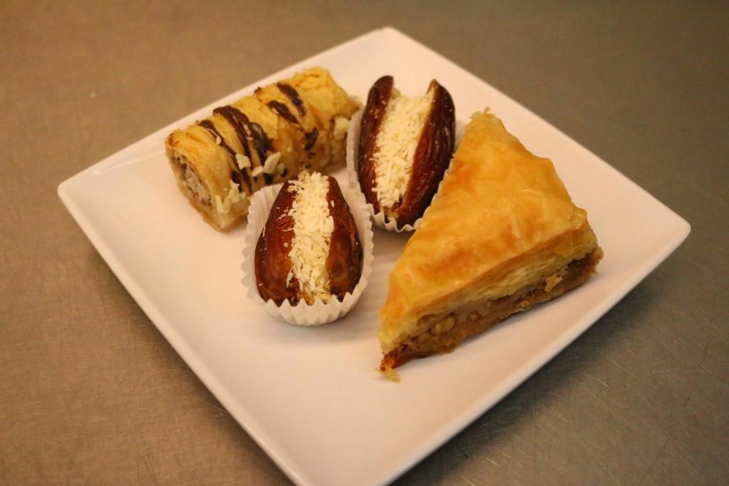 Dessert Sampler Plate · 1 baklava, 2 stuffed dates, and 1 Mediterranean nut roll