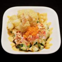 Spicy Crispy Shrimp Salad · Two fried shrimp tempura, crab stick, cucumber, avocado, masago and spicy mayo.