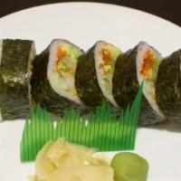 Giant Shrimp Tempura Roll · Five pieces. Giant roll. Shrimp tempura, avocado, tobiko and sweet sauce on top.