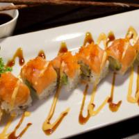 Salmon Crazy · Eight pieces. Shrimp tempura roll with salmon and tobiko spicy mayo on top. Raw.