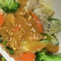 Rama Noodle Supreme · Fried Thai rice noodles with bok choy cabbage, celery, carrots, and choice of meat, topped w...
