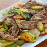 Screamer · Choice of meat stir-fried with zucchini, celery, carrots, onions, bell peppers, sweet basil,...