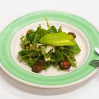 Salad Du Bistro · Spinach, baby arugula, avocado, blanched almonds, shaved Parmesan and balsamic vinaigrette.