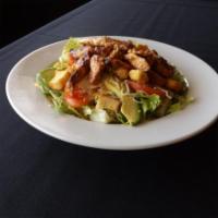 Grilled Chicken Salad · Fresh hearts of romaine lettuce, chopped tomatoes, hardboiled egg, avocado slices, croutons,...