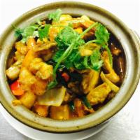 Thai Red Curry · Tofu, red onion, mushroom, coconut milk, basil, potatoes, jicama, bell pepper. Spicy.